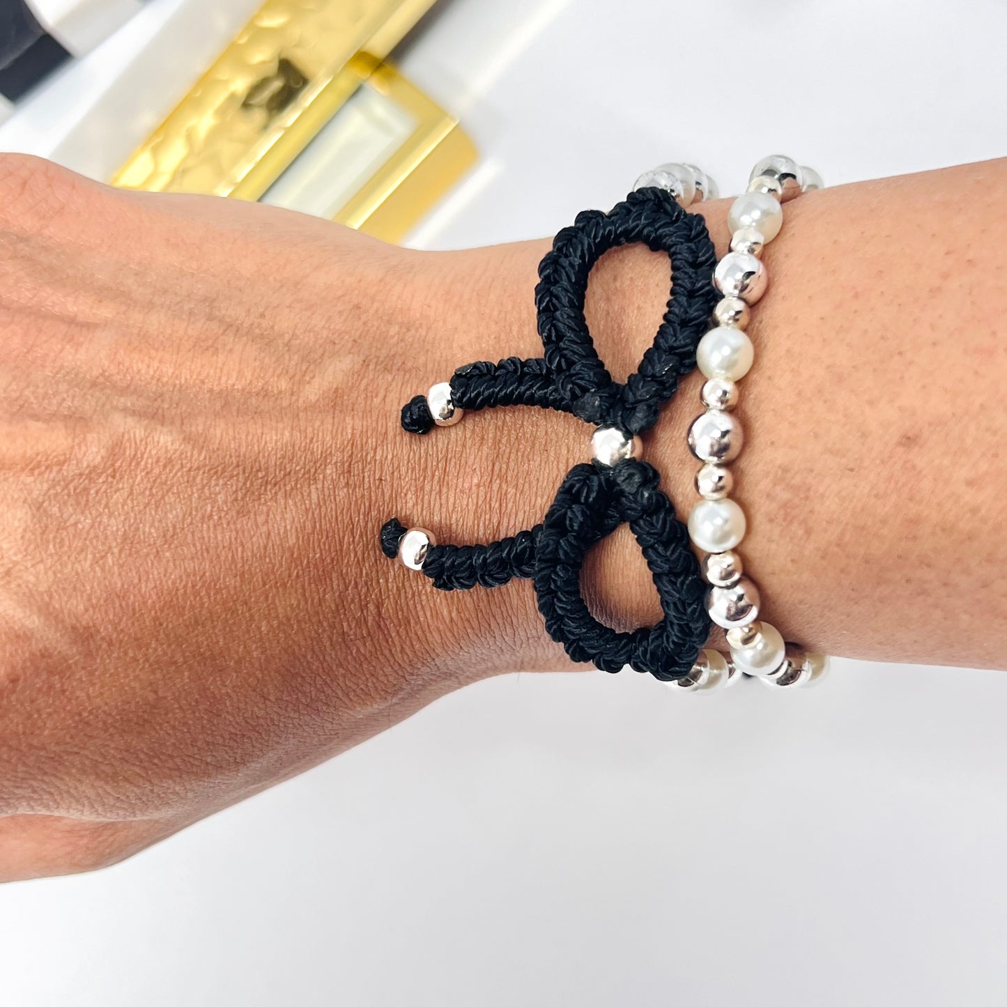Black Silver bow bracelet, Pearl bow bracelet Set, Knot bracelet, coquette jewelry, y2k bracelet bows, coquette bow, Gold bow bracelet
