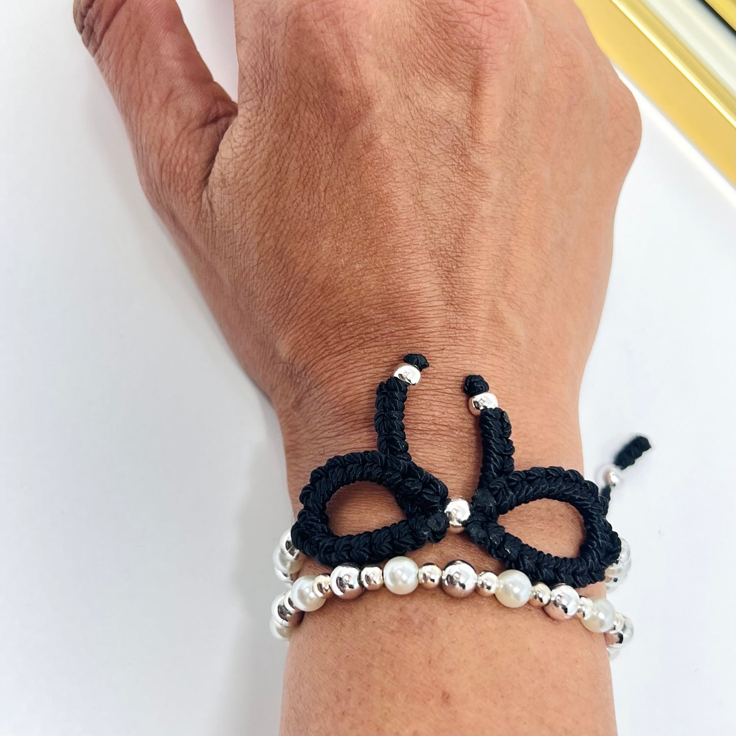Black Silver bow bracelet, Pearl bow bracelet Set, Knot bracelet, coquette jewelry, y2k bracelet bows, coquette bow, Gold bow bracelet