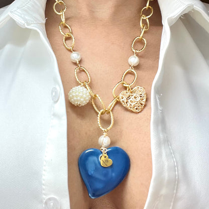 Ceramic Heart Charm Gold Chain Necklace For Women, Chunky Chain, Link Chain