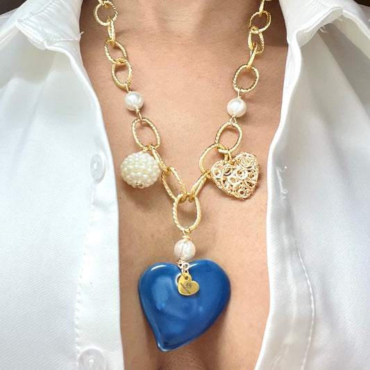 Ceramic Heart Charm Gold Chain Necklace For Women, Chunky Chain, Link Chain