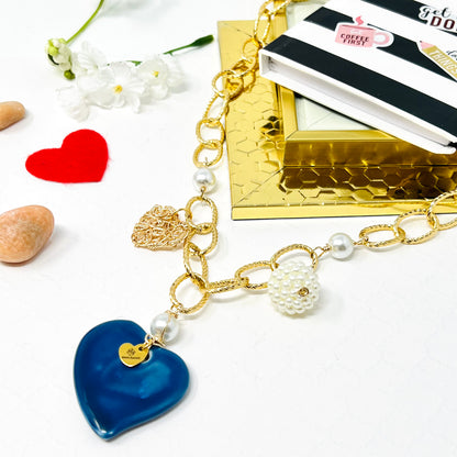 Ceramic Heart Charm Gold Chain Necklace For Women, Chunky Chain, Link Chain