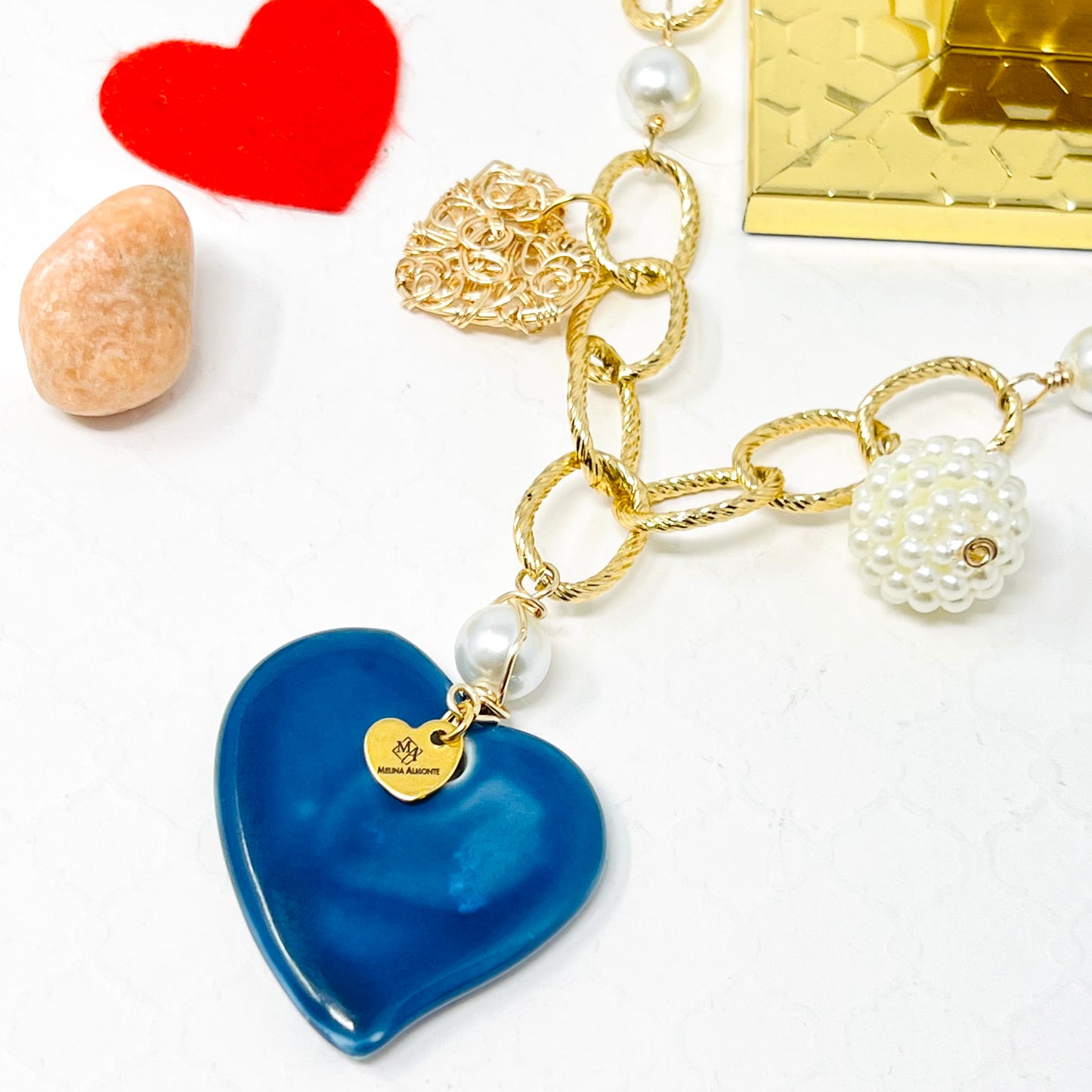 Ceramic Heart Charm Gold Chain Necklace For Women, Chunky Chain, Link Chain