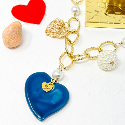 Ceramic Heart Charm Gold Chain Necklace For Women, Chunky Chain, Link Chain