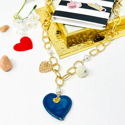 Ceramic Heart Charm Gold Chain Necklace For Women, Chunky Chain, Link Chain