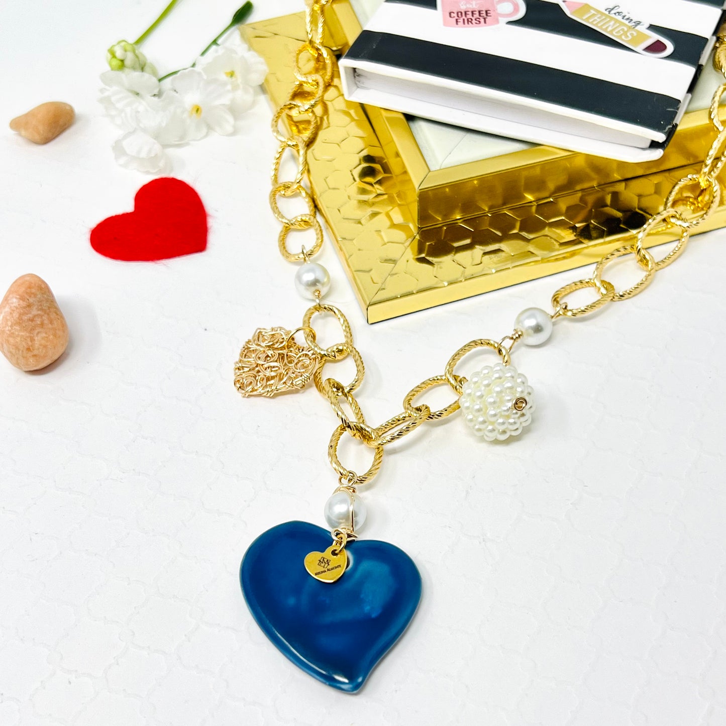 Ceramic Heart Charm Gold Chain Necklace For Women, Chunky Chain, Link Chain