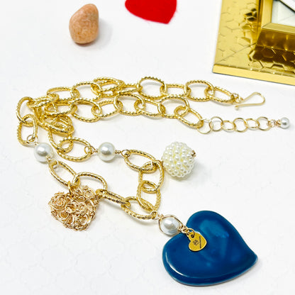 Ceramic Heart Charm Gold Chain Necklace For Women, Chunky Chain, Link Chain