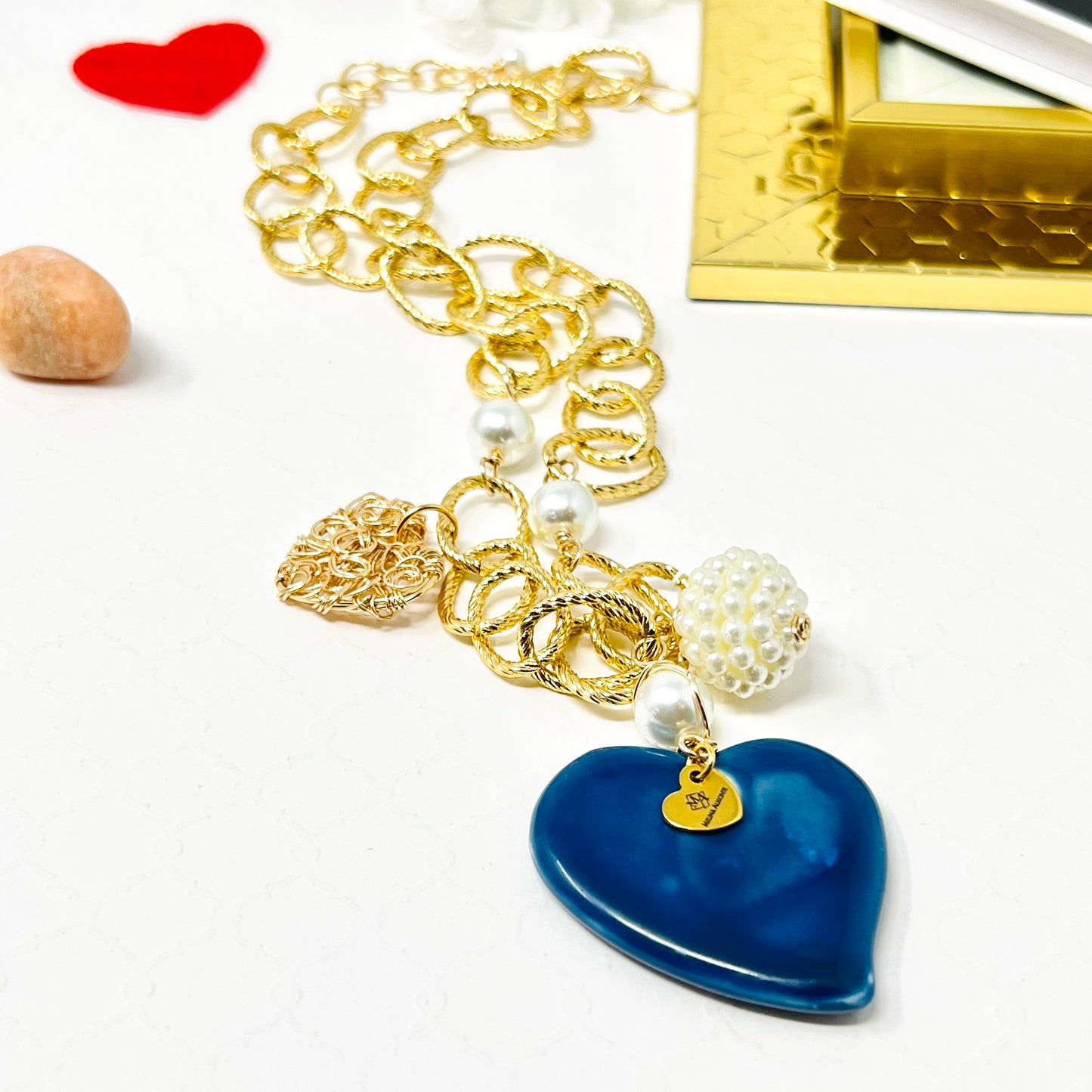 Ceramic Heart Charm Gold Chain Necklace For Women, Chunky Chain, Link Chain
