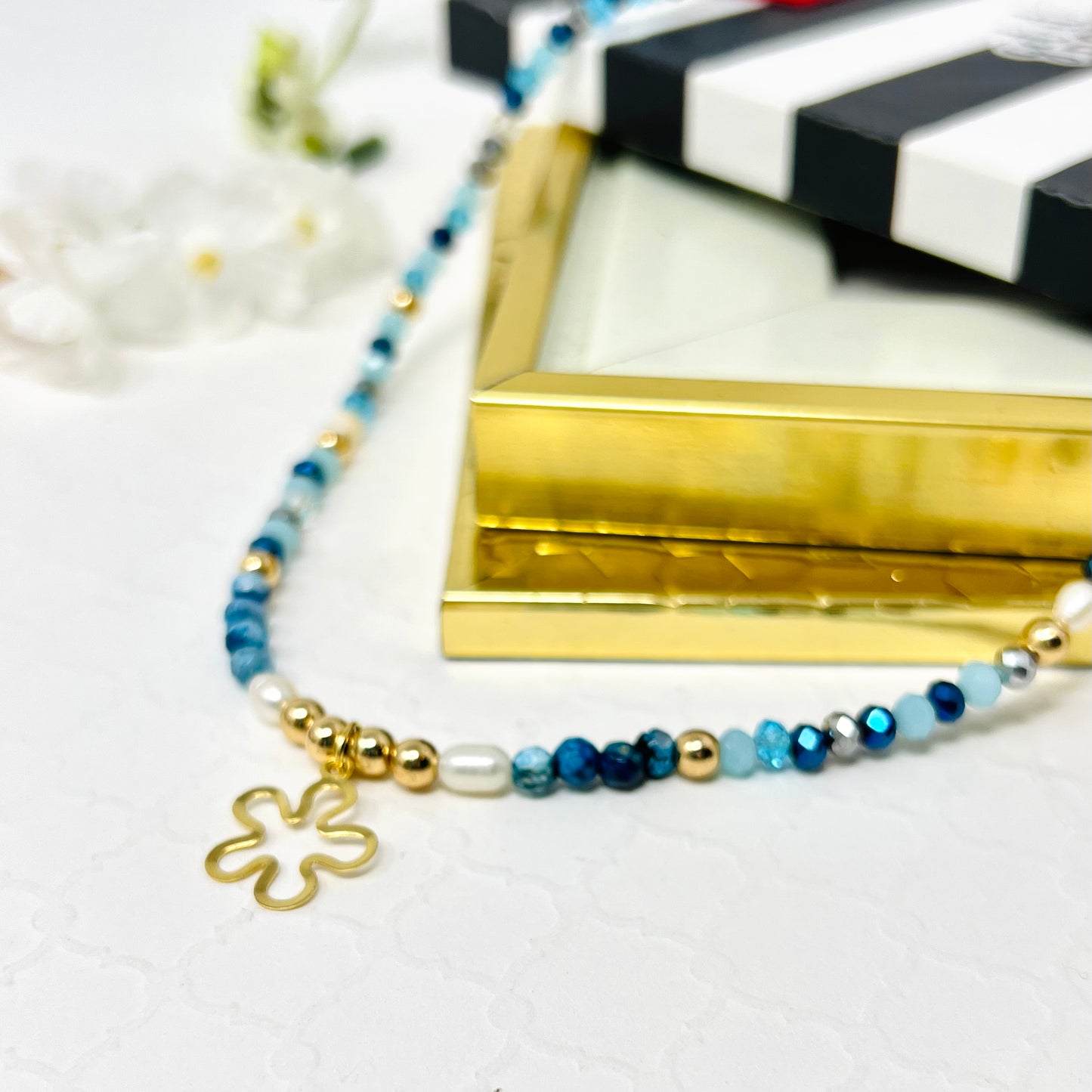 Beaded Choker Necklace, Natural Stone Choker, Gold Plated Charm
