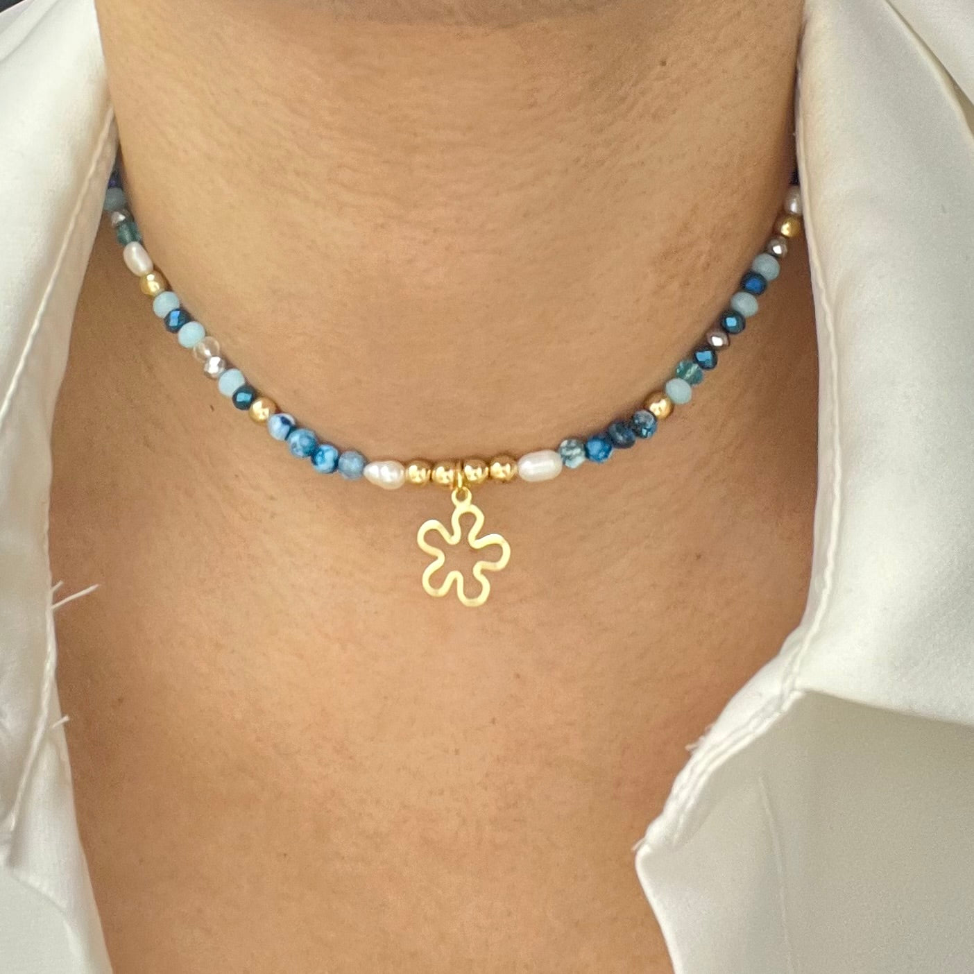 Beaded Choker Necklace, Natural Stone Choker, Gold Plated Charm