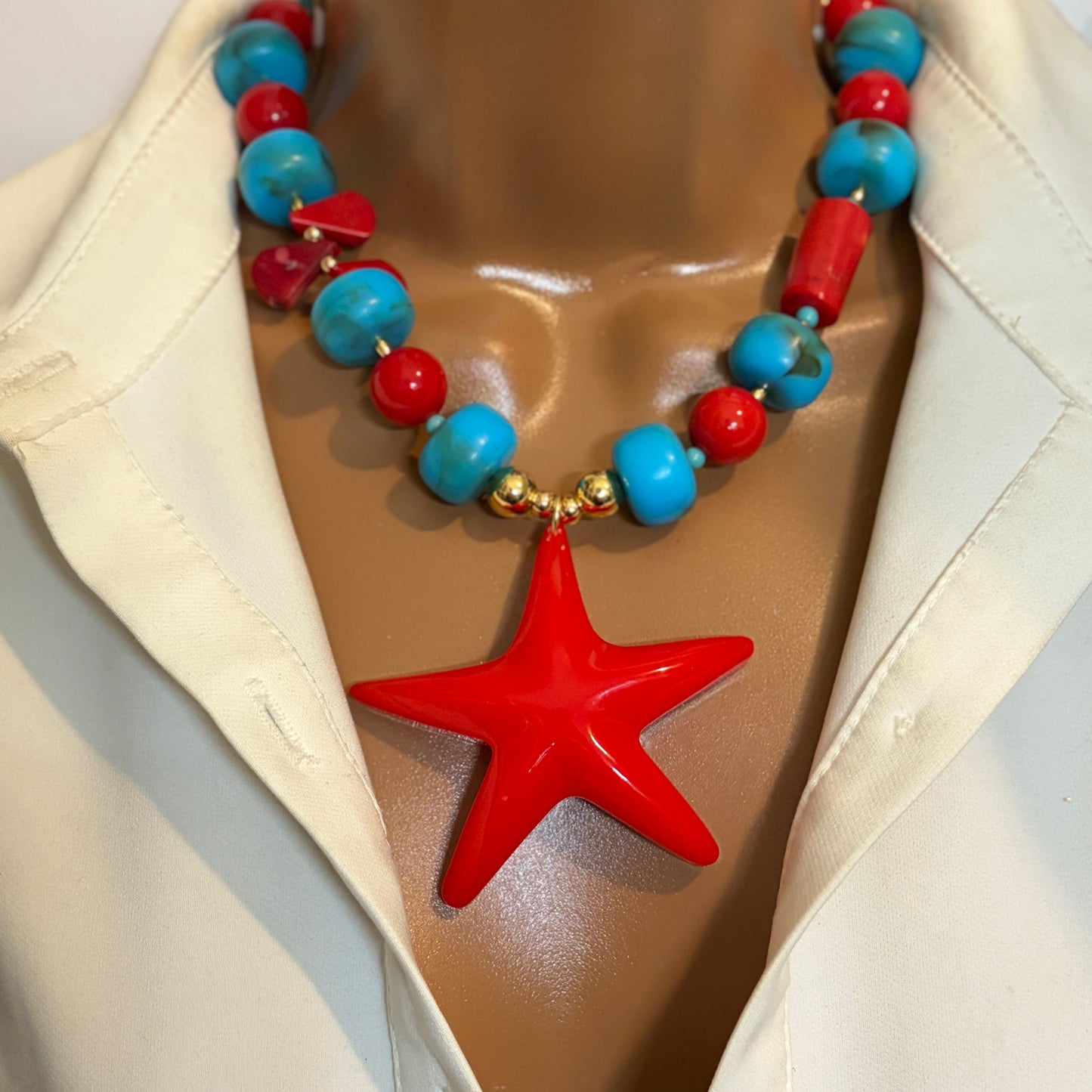 Handmade starfish necklace with resin beads and natural coral