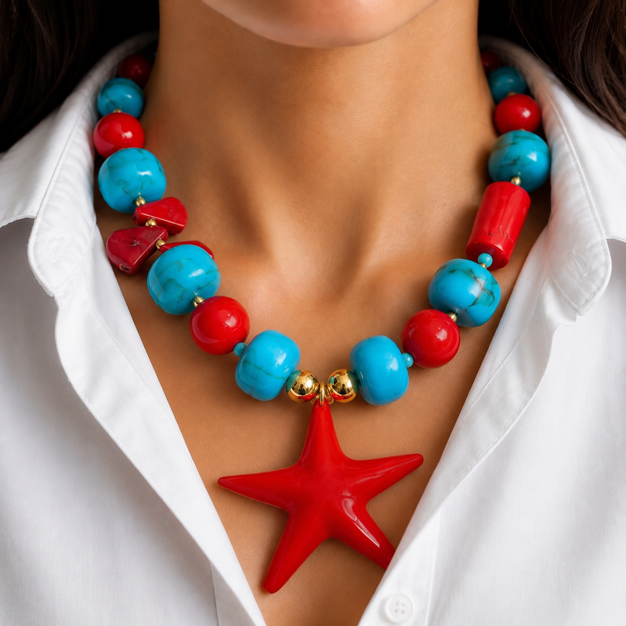 Handmade starfish necklace with resin beads and natural coral