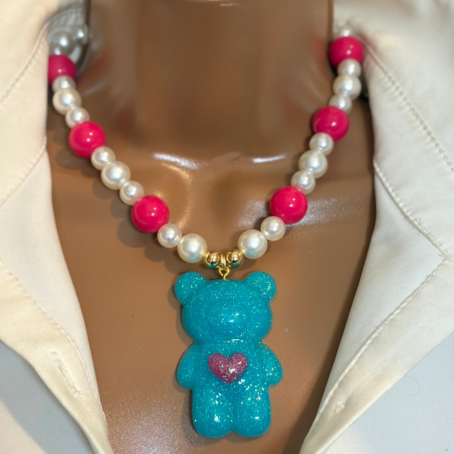 Chunky Teddy Bear Pendant Necklace –  Beaded Acrylic and Pearl Statement Necklace