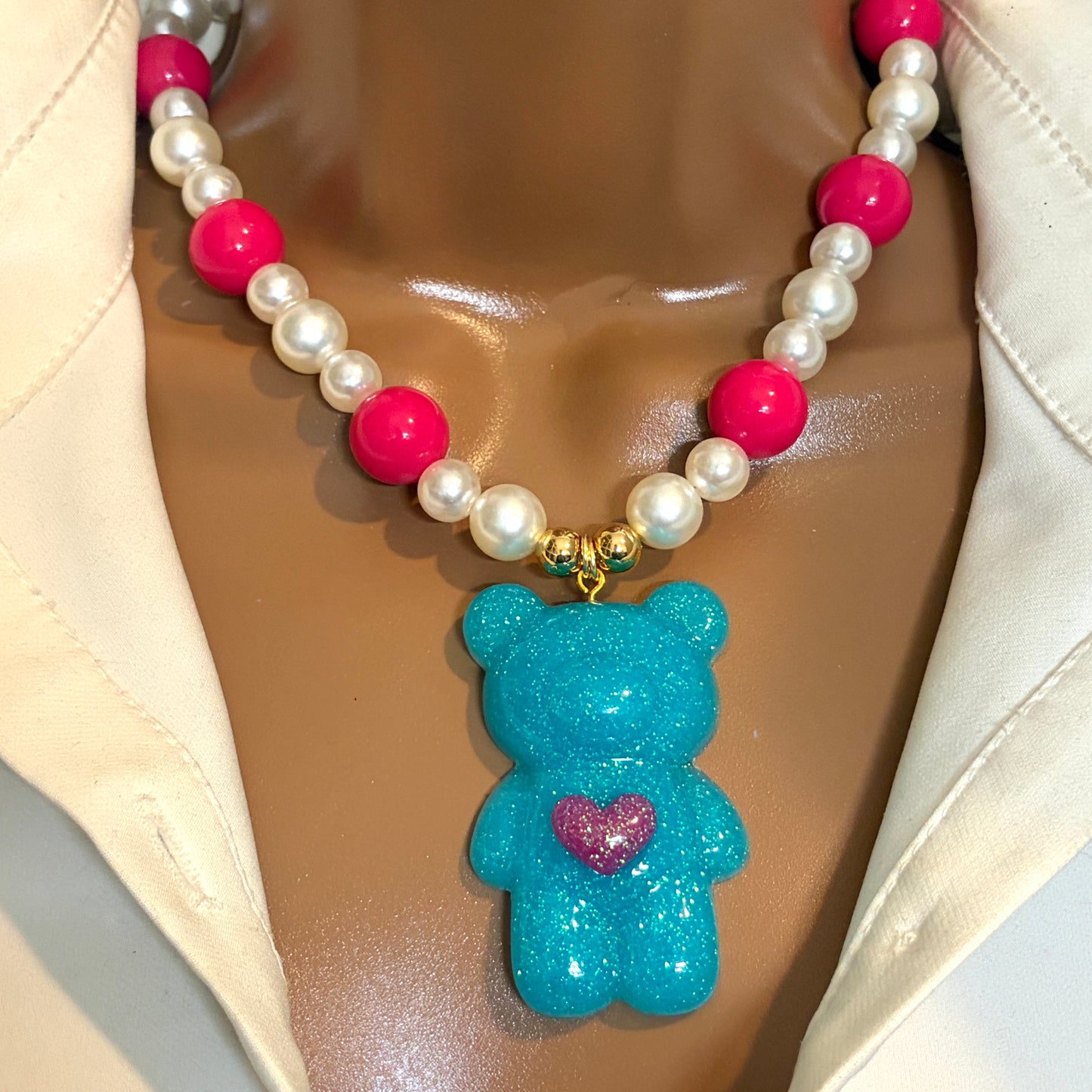 Chunky Teddy Bear Pendant Necklace –  Beaded Acrylic and Pearl Statement Necklace
