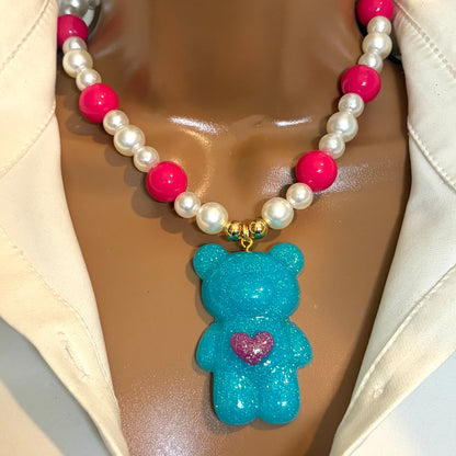 Chunky Teddy Bear Pendant Necklace –  Beaded Acrylic and Pearl Statement Necklace