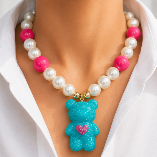 Chunky Teddy Bear Pendant Necklace –  Beaded Acrylic and Pearl Statement Necklace