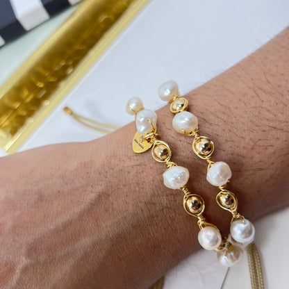 Freshwater Pearl And Hematite Beads Bracelet Set, Handmade Cord Adjustable Gold Bracelet
