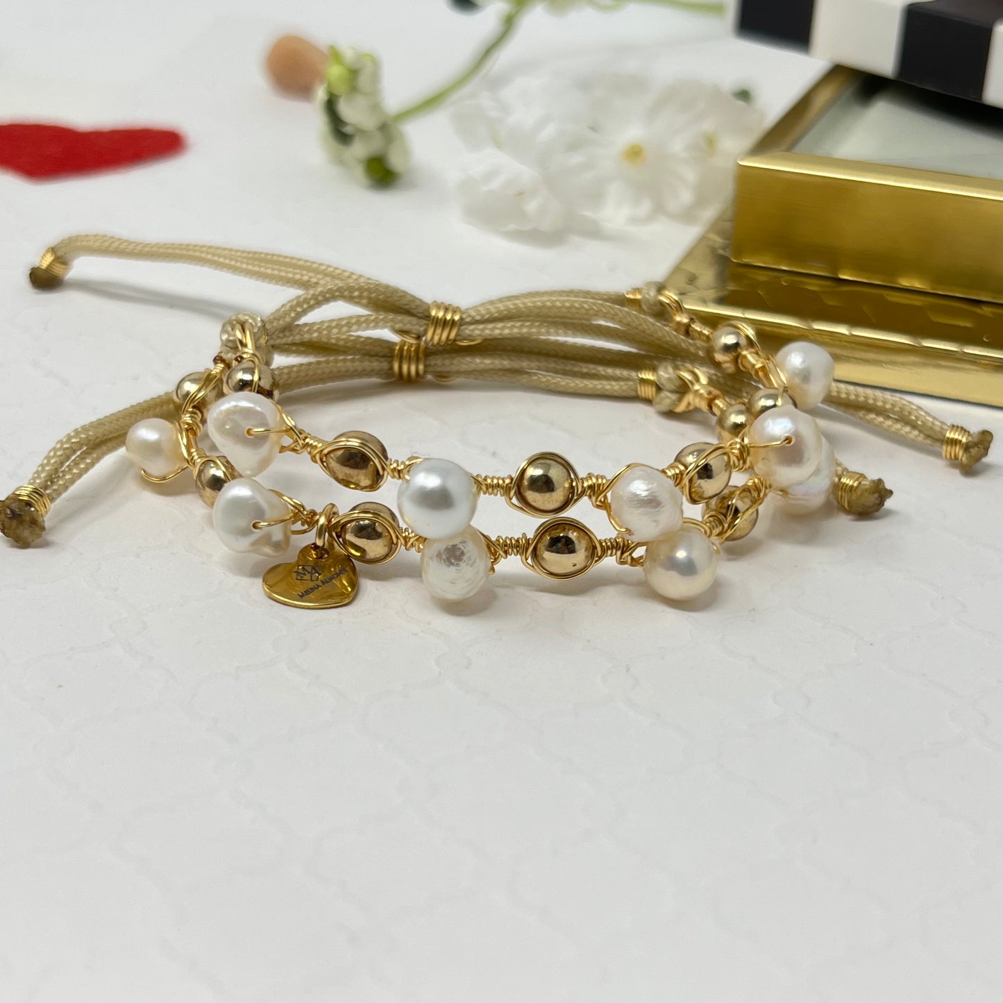 Freshwater Pearl And Hematite Beads Bracelet Set, Handmade Cord Adjustable Gold Bracelet