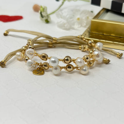 Freshwater Pearl And Hematite Beads Bracelet Set, Handmade Cord Adjustable Gold Bracelet