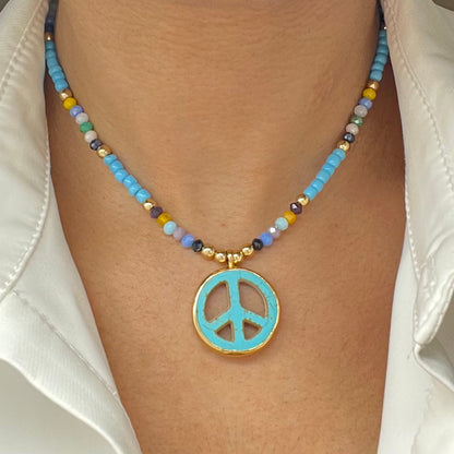 Beaded Necklace, Beaded Choker With Turquoise Pendant And Gold Plated