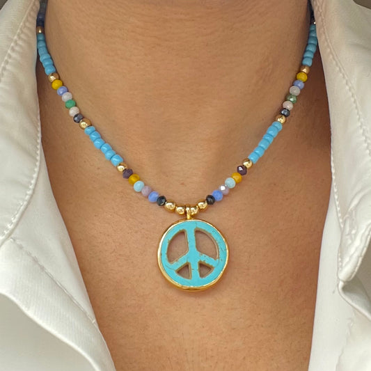 Beaded Necklace, Beaded Choker With Turquoise Pendant And Gold Plated