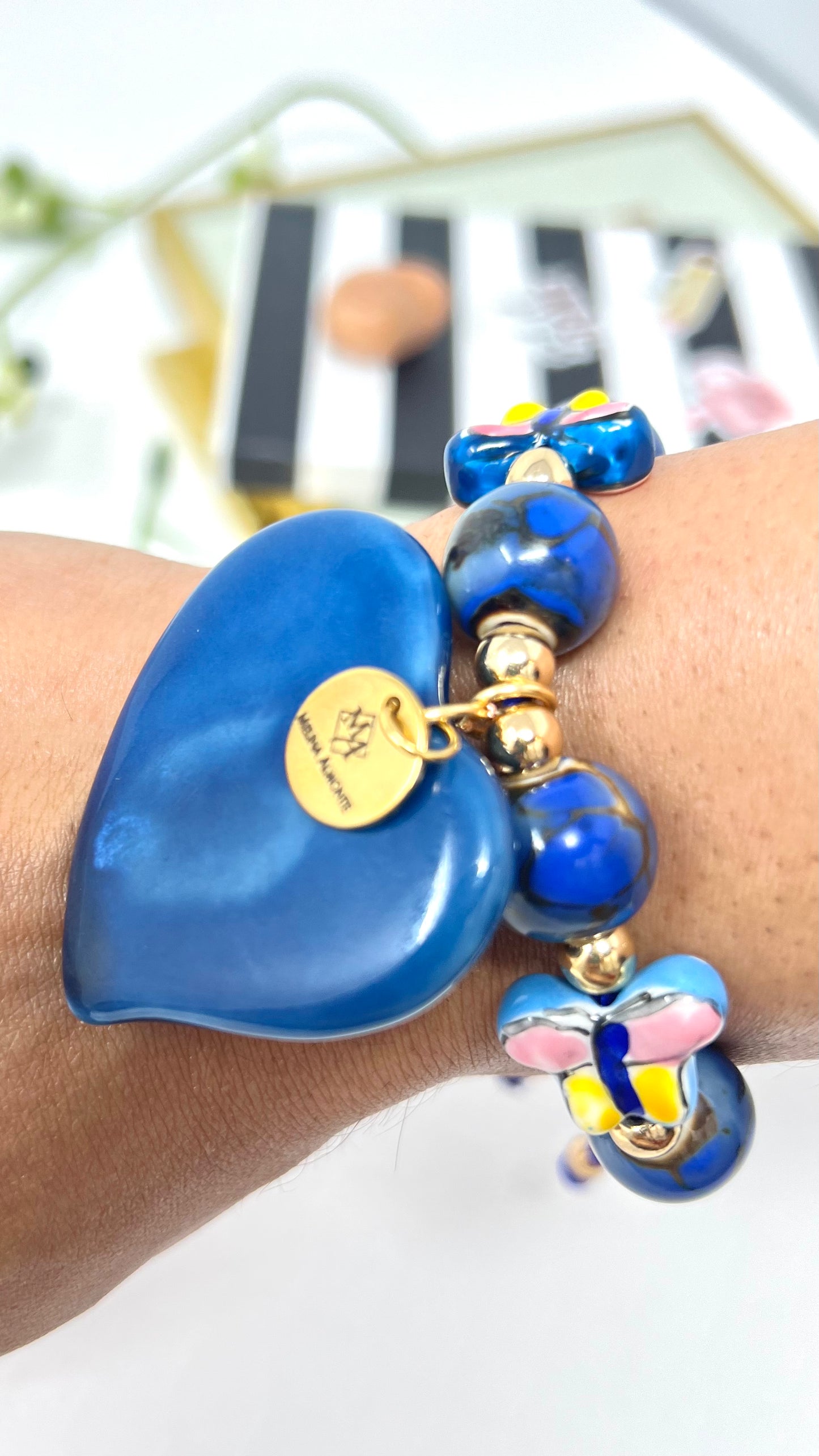 Ceramic Bead Bracelet With Ceramic Heart And Butterfly Pendant