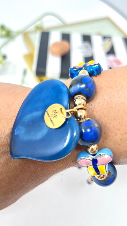 Ceramic Bead Bracelet With Ceramic Heart And Butterfly Pendant