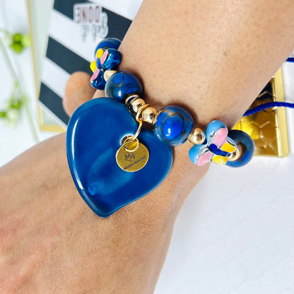 Ceramic Bead Bracelet With Ceramic Heart And Butterfly Pendant