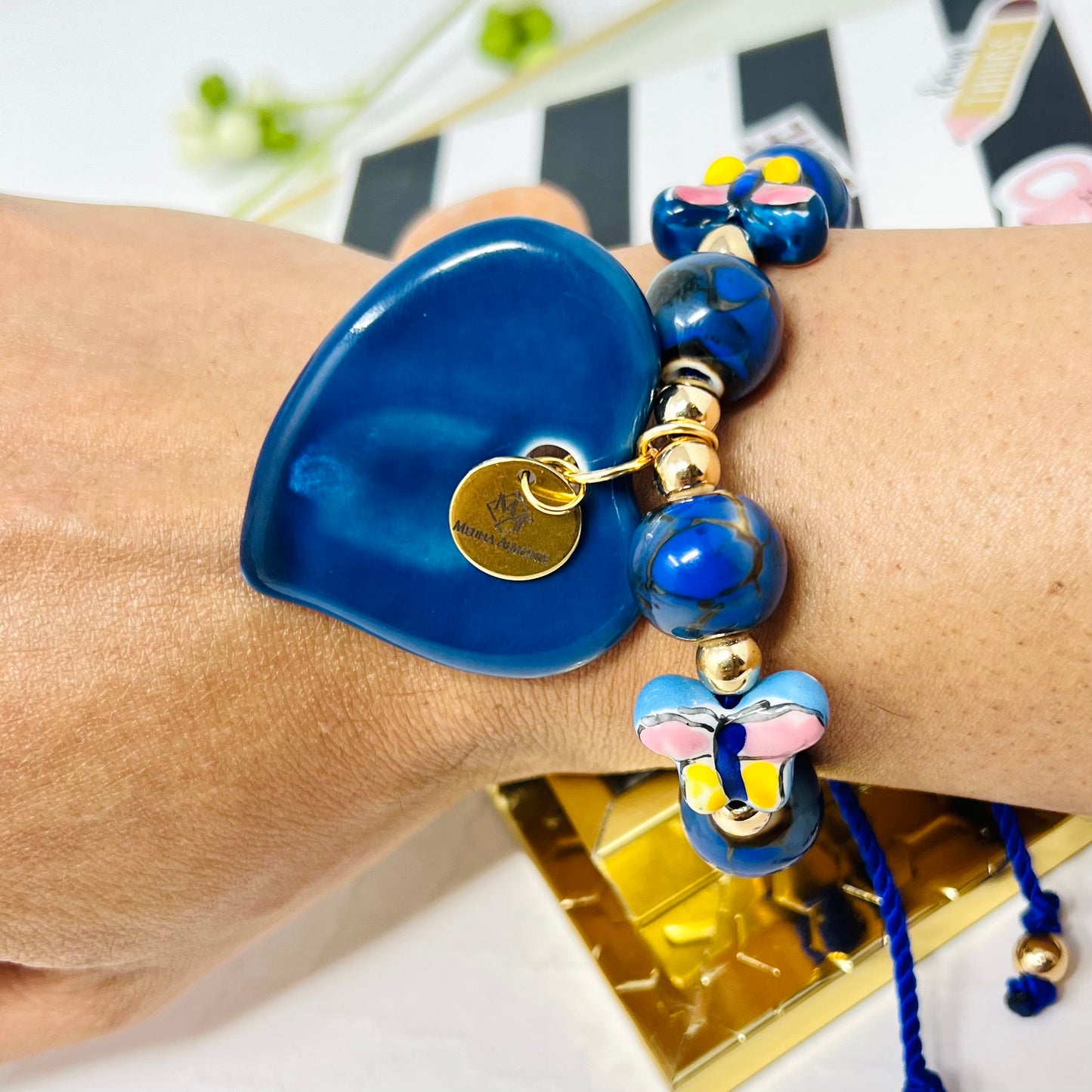 Ceramic Bead Bracelet With Ceramic Heart And Butterfly Pendant