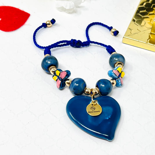 Ceramic Bead Bracelet With Ceramic Heart And Butterfly Pendant