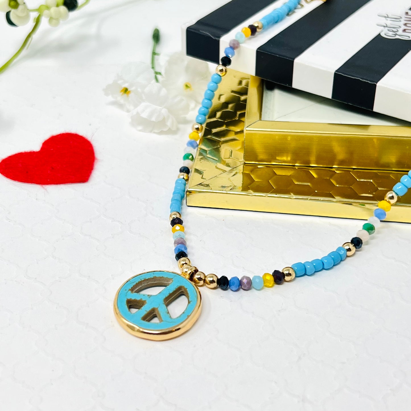 Beaded Necklace, Beaded Choker With Turquoise Pendant And Gold Plated