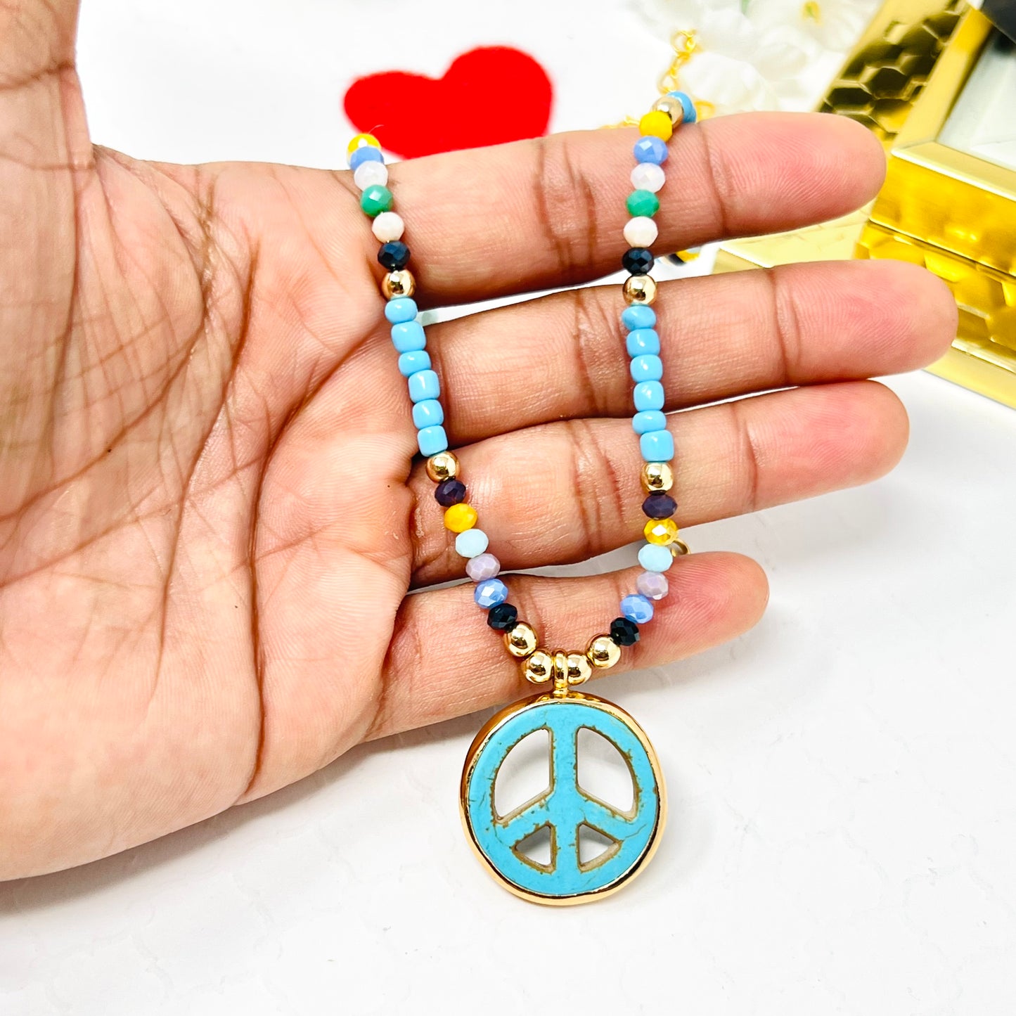 Beaded Necklace, Beaded Choker With Turquoise Pendant And Gold Plated