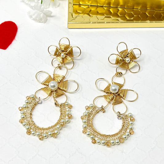 Gold flower earrings with pearl and Czech crystal for women