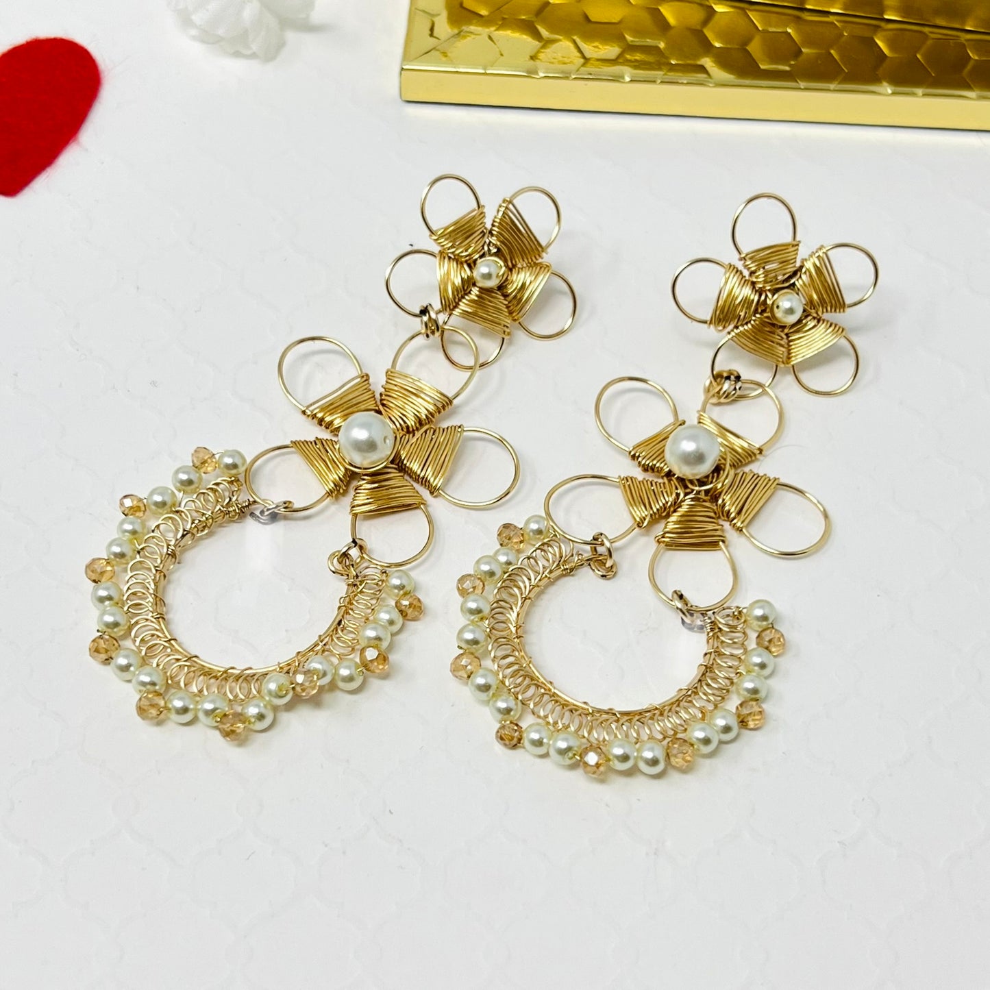 Gold flower earrings with pearl and Czech crystal for women