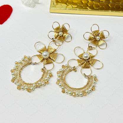 Gold flower earrings with pearl and Czech crystal for women