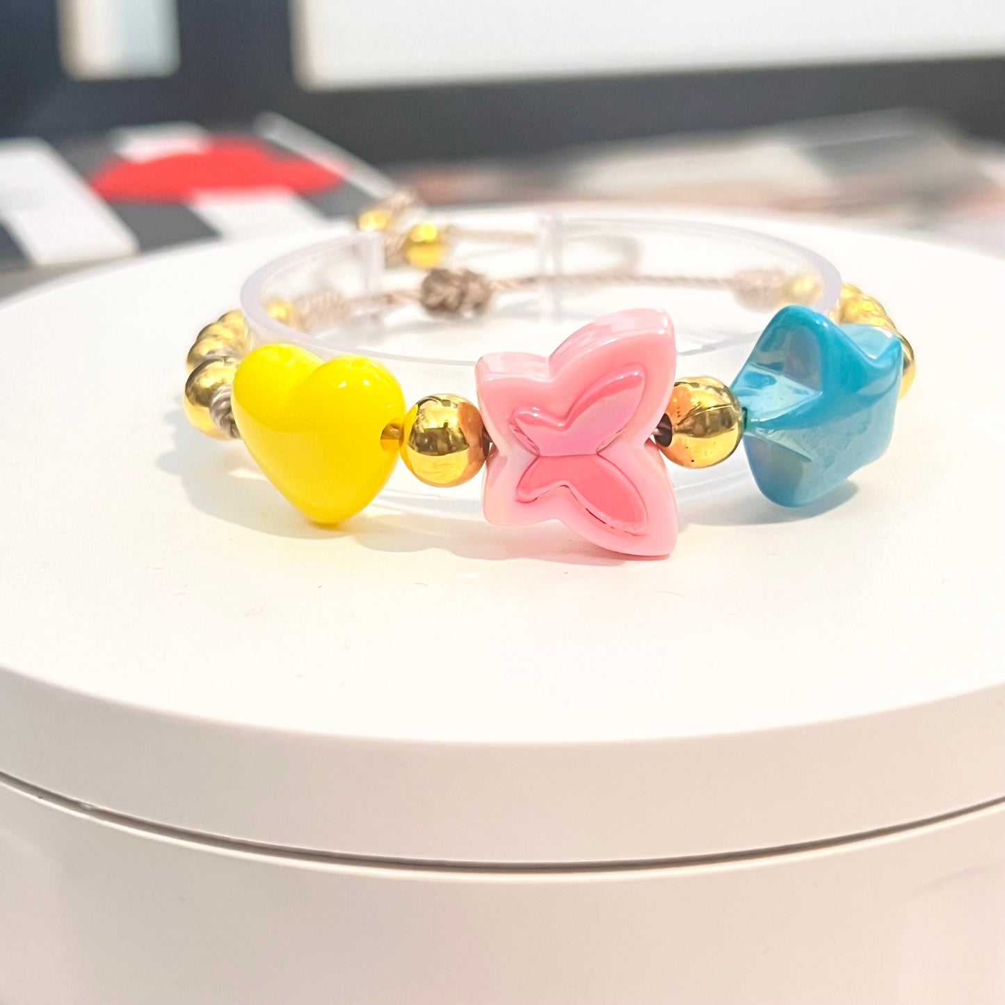 Summer butterfly bracelet, clay bead bracelet, beaded bracelet, flower bracelet, charm bracelet