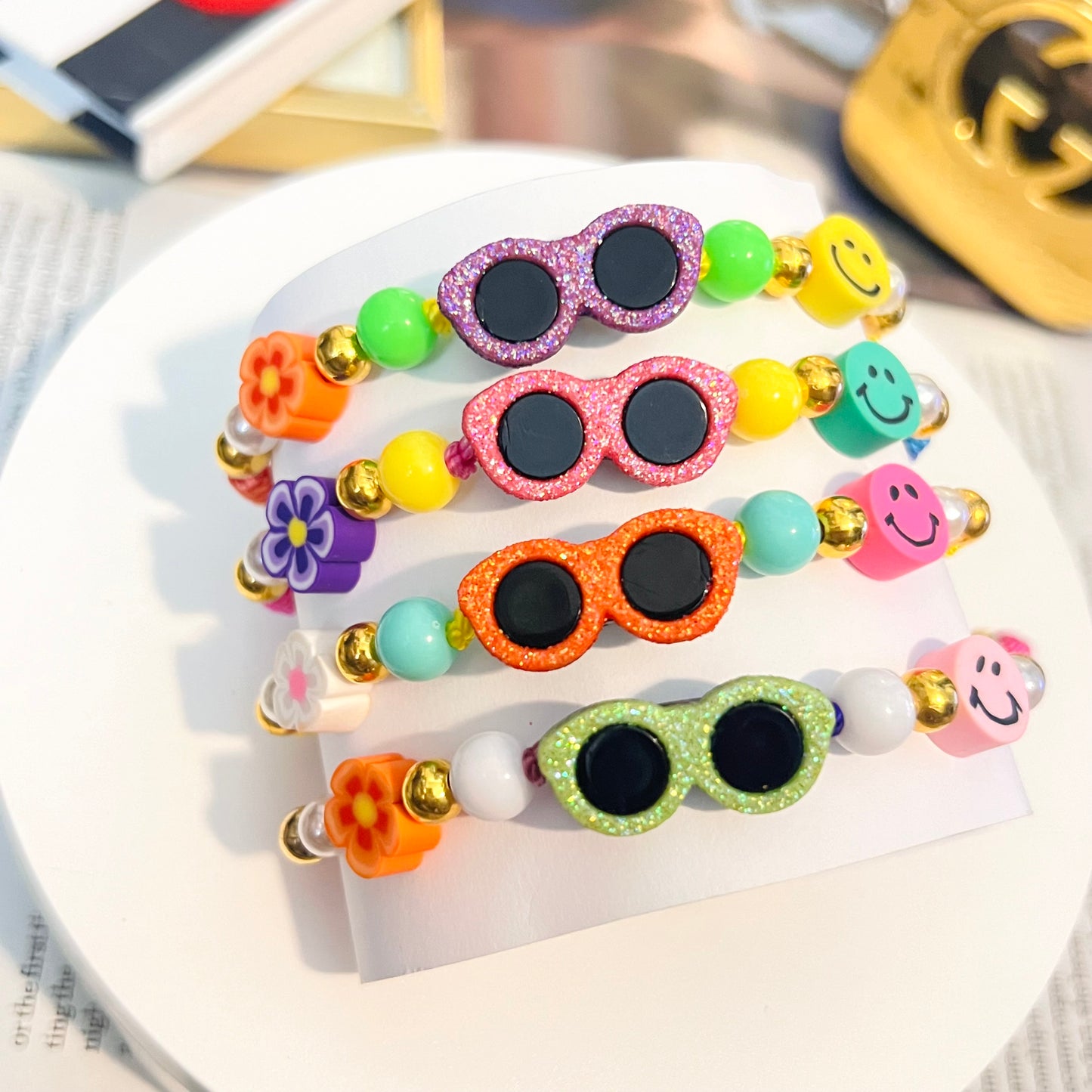 Colorful sunglasses bracelet, summer beaded bracelet, charm bracelet, flower bracelet