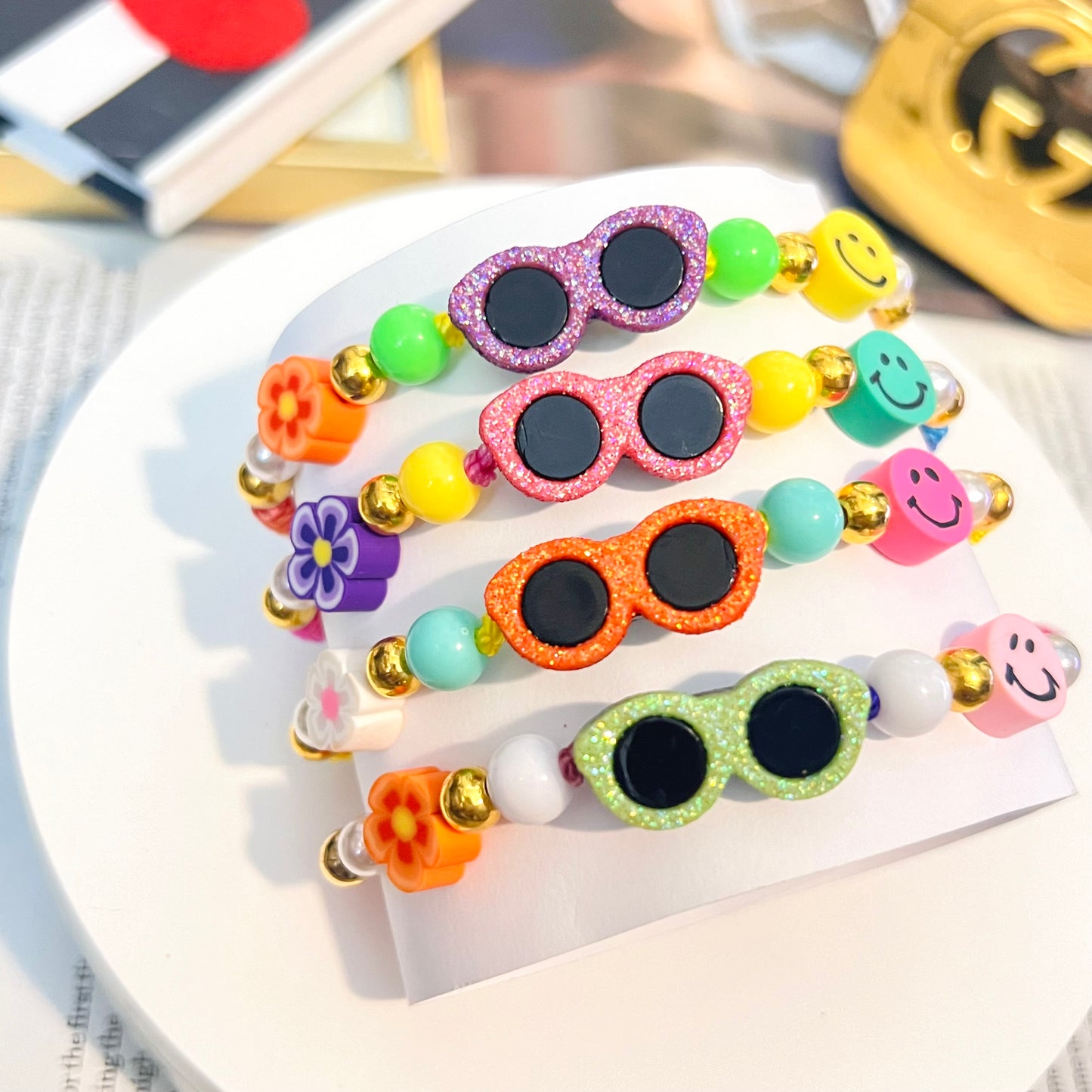Colorful sunglasses bracelet, summer beaded bracelet, charm bracelet, flower bracelet