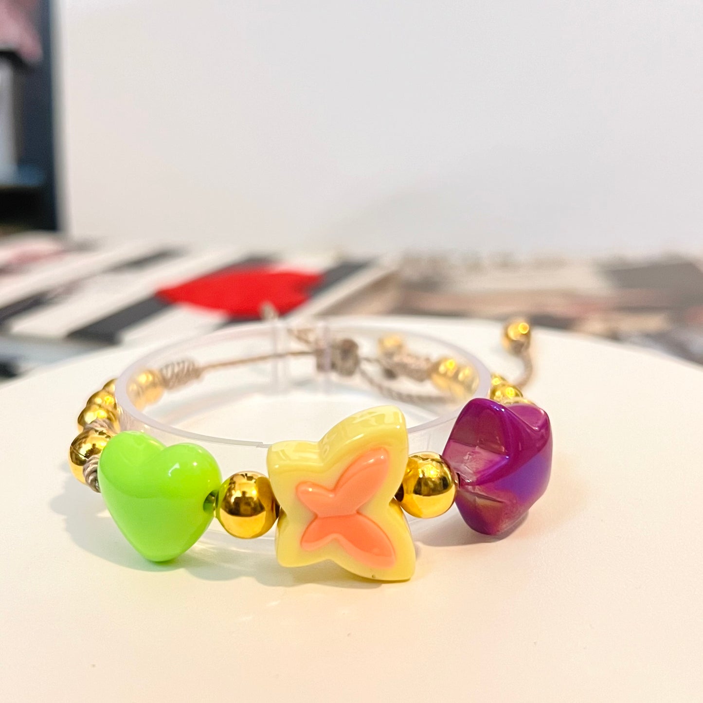 Summer butterfly bracelet, clay bead bracelet, beaded bracelet, flower bracelet, charm bracelet