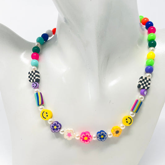 Colorful bead flower necklace, polymer clay pendant, happy face, chunky beaded necklace