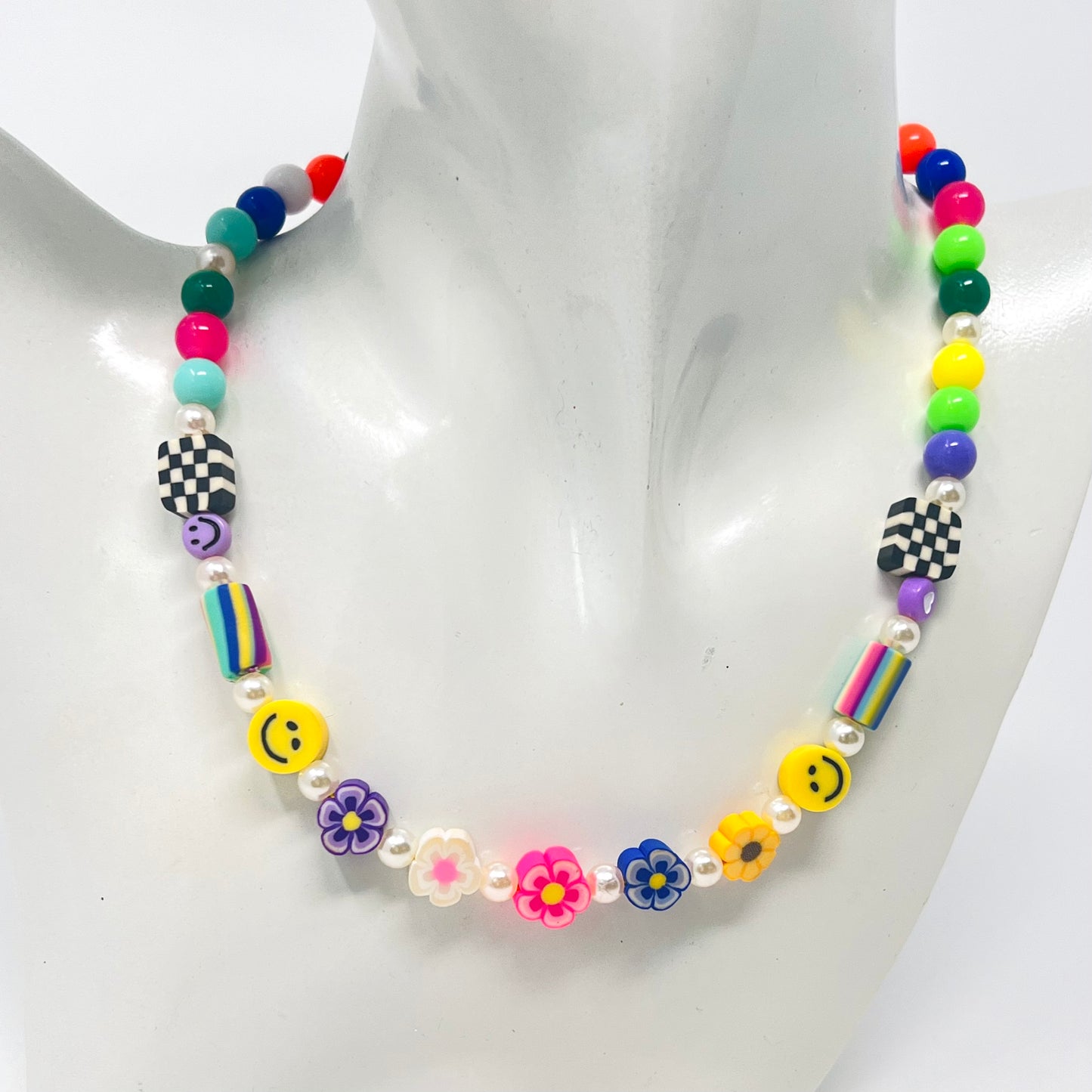 Colorful bead flower necklace, polymer clay pendant, happy face, chunky beaded necklace