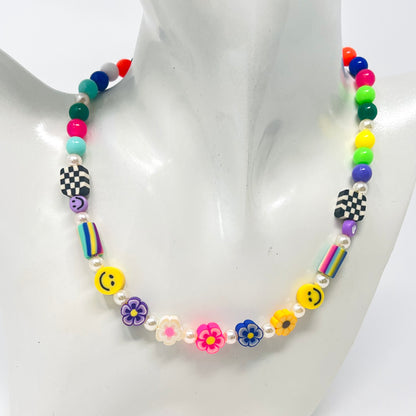 Colorful bead flower necklace, polymer clay pendant, happy face, chunky beaded necklace