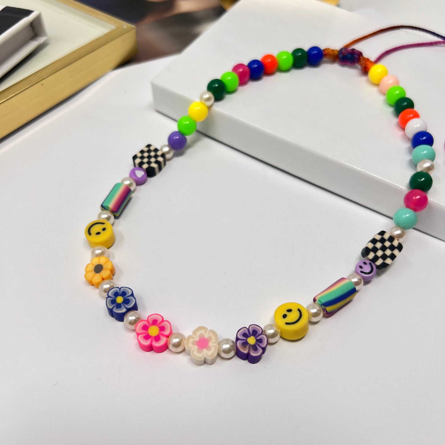 Colorful bead flower necklace, polymer clay pendant, happy face, chunky beaded necklace