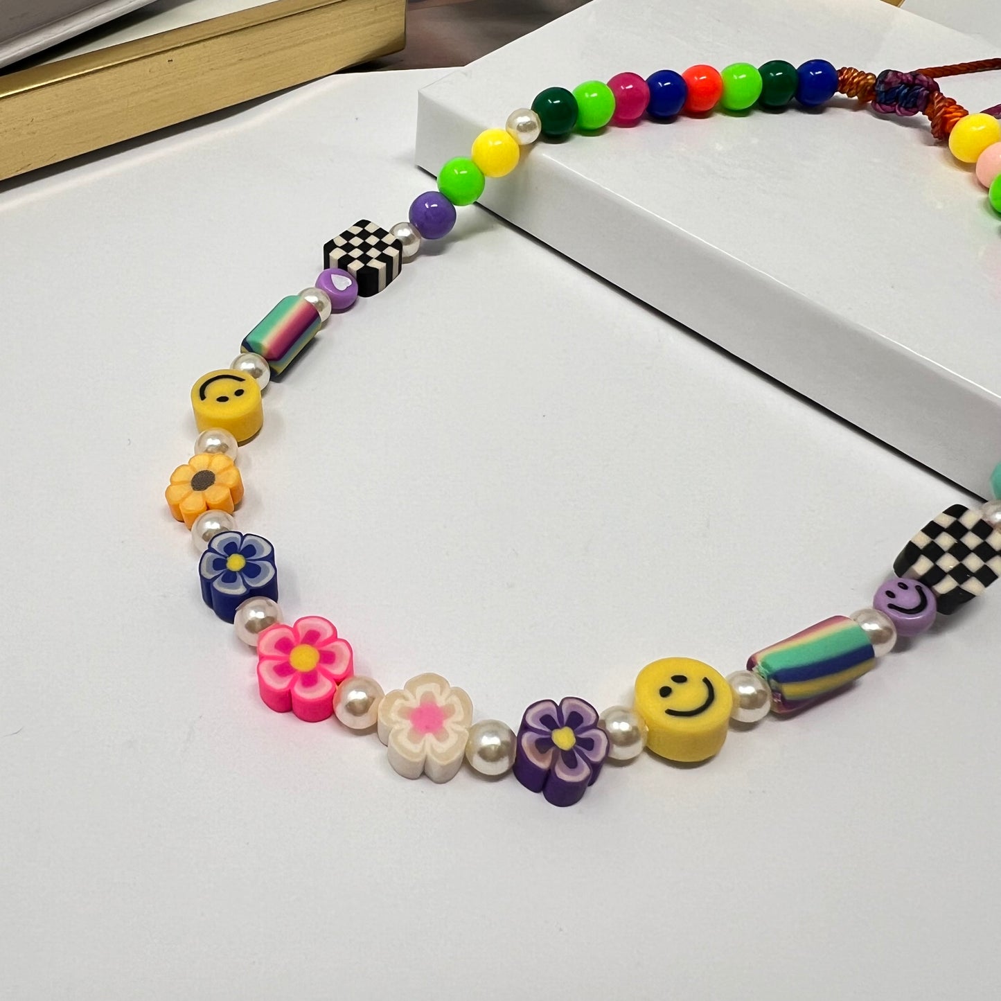 Colorful bead flower necklace, polymer clay pendant, happy face, chunky beaded necklace