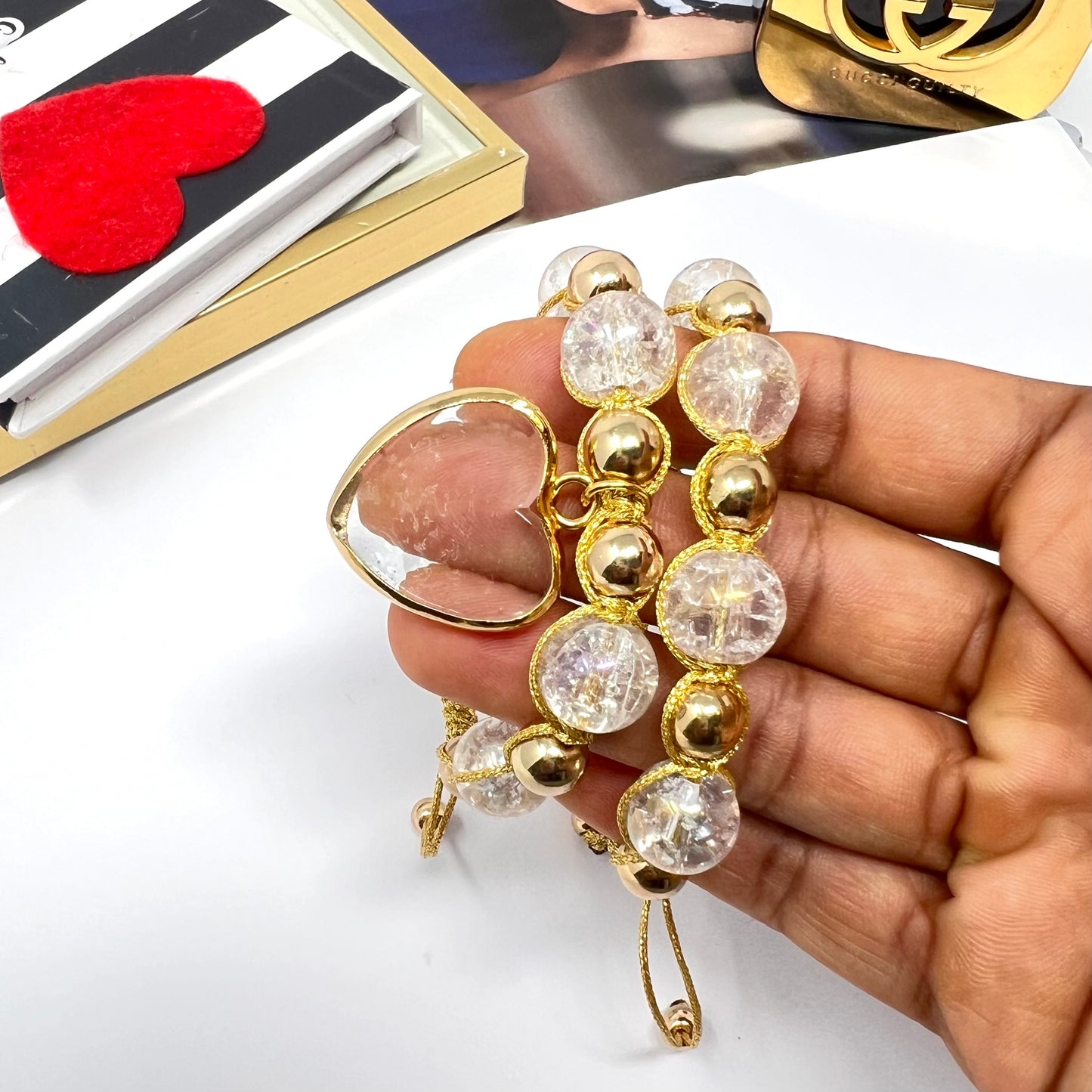 Handmade gold plated and crystal beads bracelet sets with Heart pendant