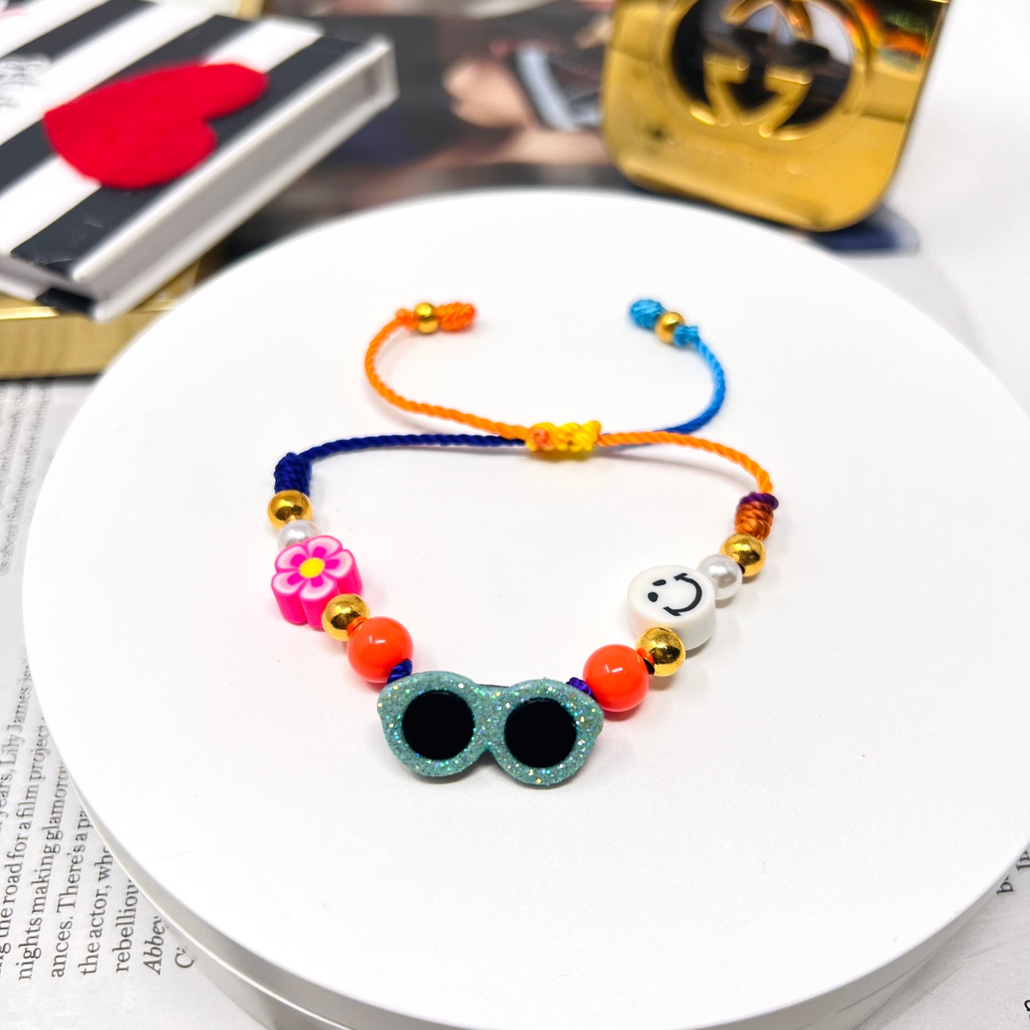 Colorful sunglasses bracelet, summer beaded bracelet, charm bracelet, flower bracelet