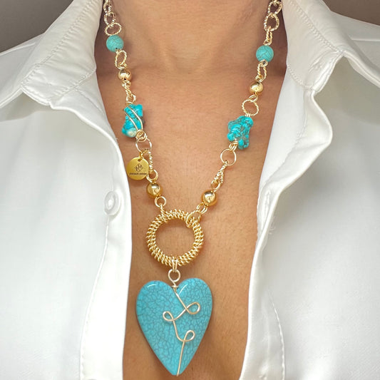 Blue Heart Charm Gold Chain Necklace For Women, Link Chain