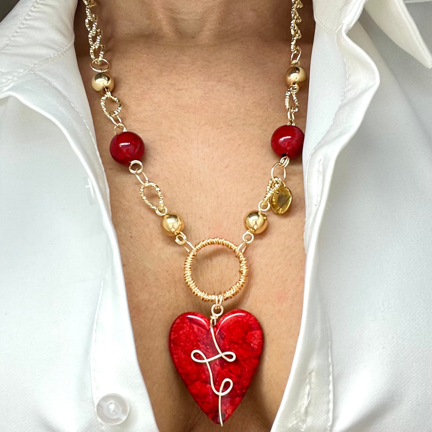 Red Heart Charm Gold Chain Necklace For Women, Link Chain