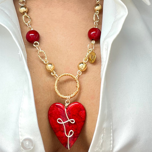 Red Heart Charm Gold Chain Necklace For Women, Link Chain