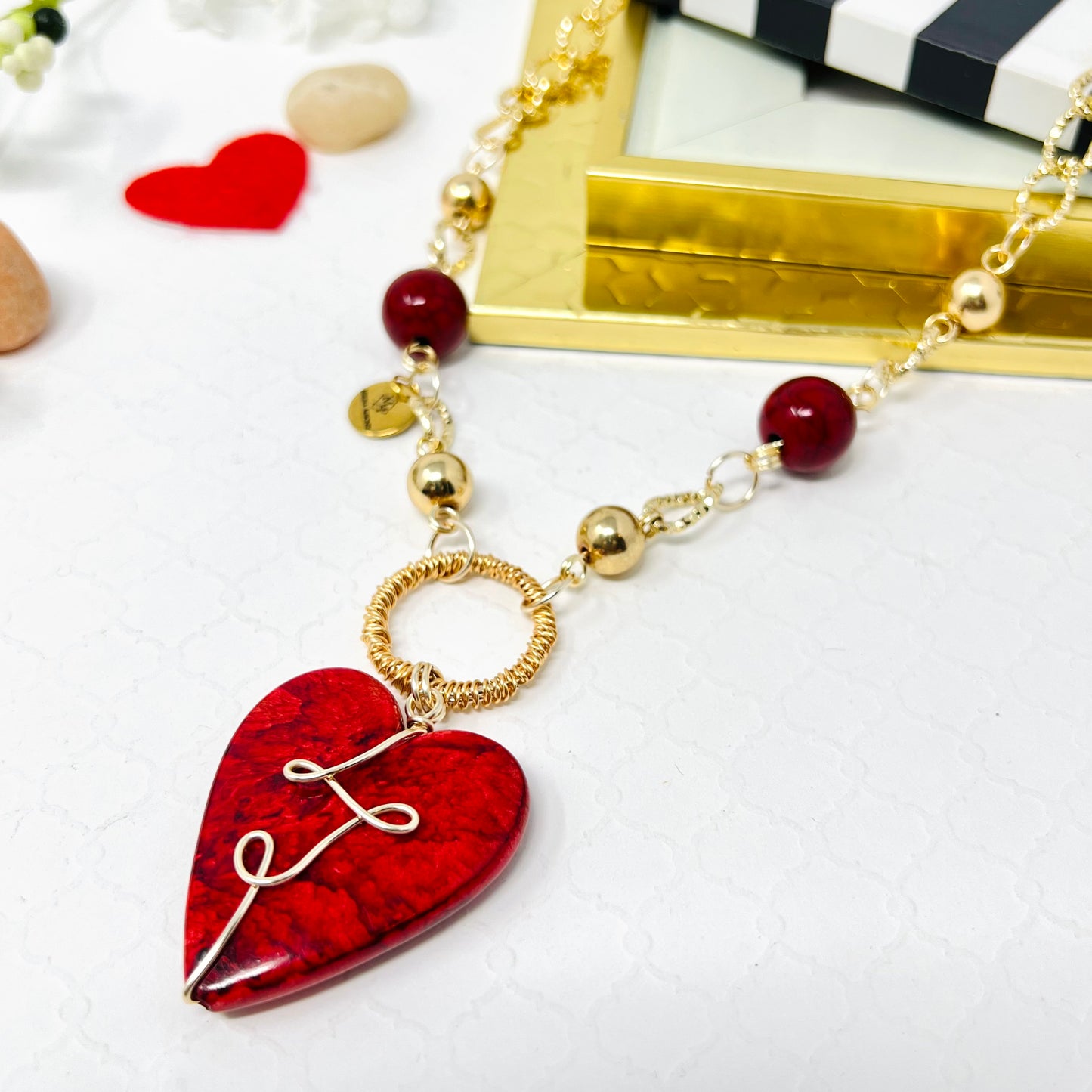 Red Heart Charm Gold Chain Necklace For Women, Link Chain