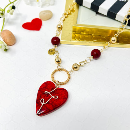 Red Heart Charm Gold Chain Necklace For Women, Link Chain